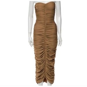 Norma Kamali ruched strapless tan midi dress size S